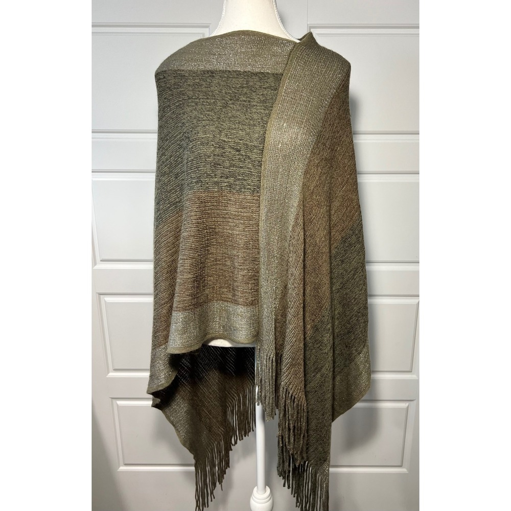 NWT Jack & Missy Knit Poncho Metallic Sparkle Earth Tone Brown‎ Fringe One Size